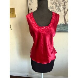 Covington Red Satin Sequin Lace Trim V-Neck Sleeveless Blouse Petite Large